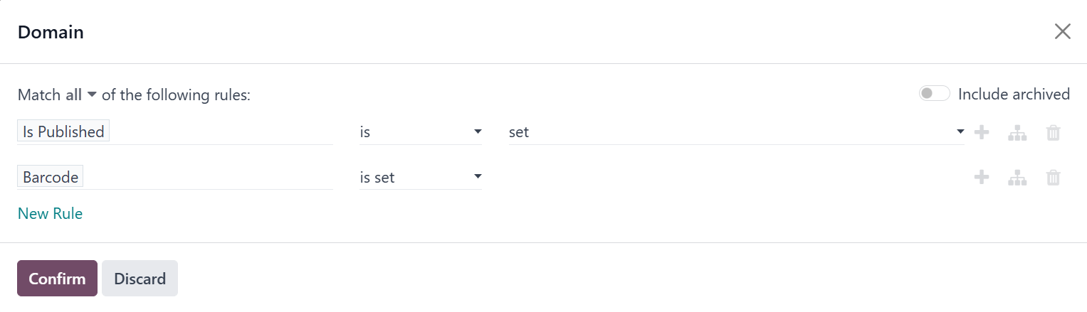 Odoo 18.0 Product Data Feed Filters Domain Popup